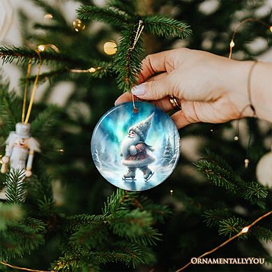Whimsical Skater Gnome on Ice Ceramic Ornament, Magical Night Christmas Gift and Tree Decor (Circle)