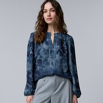 Petite Simply Vera Vera Wang Long Sleeve Smocked Neck Blouse