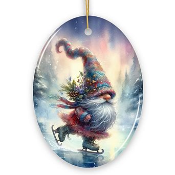Whimsical Skater Gnome on Ice Ceramic Ornament, Magical Night Christmas Gift and Tree Decor (Oval)