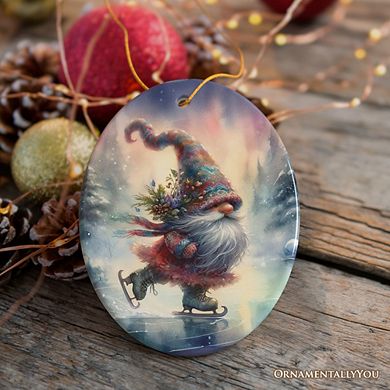 Whimsical Skater Gnome on Ice Ceramic Ornament, Magical Night Christmas Gift and Tree Decor (Oval)