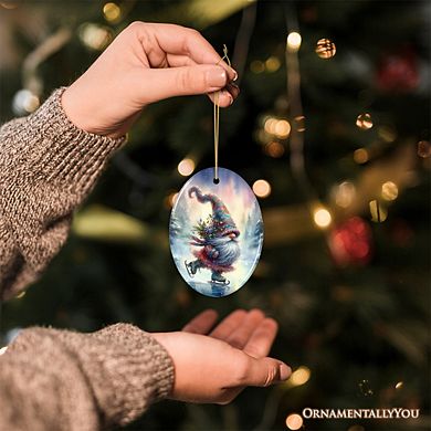 Whimsical Skater Gnome on Ice Ceramic Ornament, Magical Night Christmas Gift and Tree Decor (Oval)