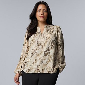 Plus Size Simply Vera Vera Wang Long Sleeve Smocked Neck Blouse