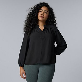 Plus Size Simply Vera Vera Wang Long Sleeve Smocked Neck Blouse