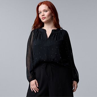 Plus Size Simply Vera Vera Wang Long Sleeve Smocked Neck Blouse