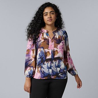 Plus Size Simply Vera Vera Wang Long Sleeve Smocked Neck Blouse