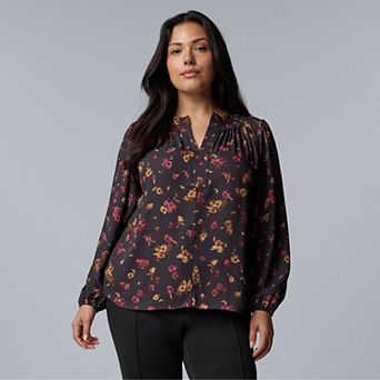 Plus Size Simply Vera Vera Wang Long Sleeve Smocked Neck Blouse