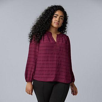 Plus Size Simply Vera Vera Wang Long Sleeve Smocked Neck Blouse