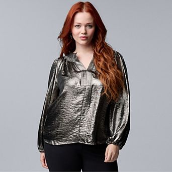 Plus Size Simply Vera Vera Wang Long Sleeve Smocked Neck Blouse