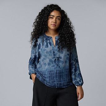 Plus Size Simply Vera Vera Wang Long Sleeve Smocked Neck Blouse