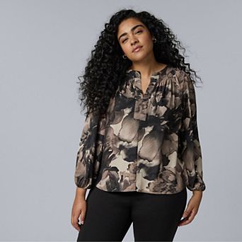 Plus Size Simply Vera Vera Wang Long Sleeve Smocked Neck Blouse
