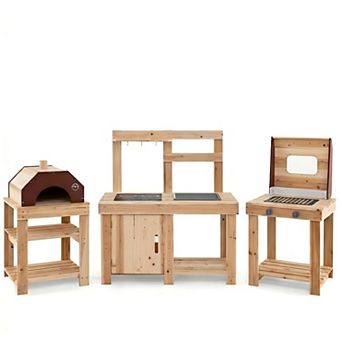 3 pc Outdoor Mud Kitchen Set with BBQ Grill and Pizza Oven Natural