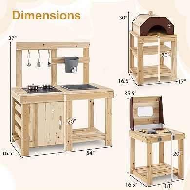3 Piece Outdoor Mud Kitchen Set with BBQ Grill and Pizza Oven Natural