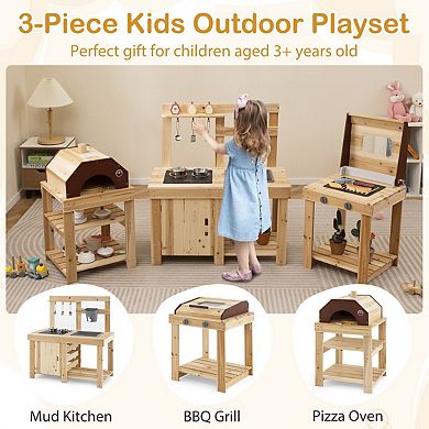 3 Piece Outdoor Mud Kitchen Set with BBQ Grill and Pizza Oven Natural