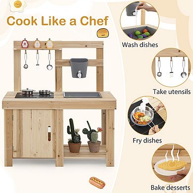 3 Piece Outdoor Mud Kitchen Set with BBQ Grill and Pizza Oven Natural
