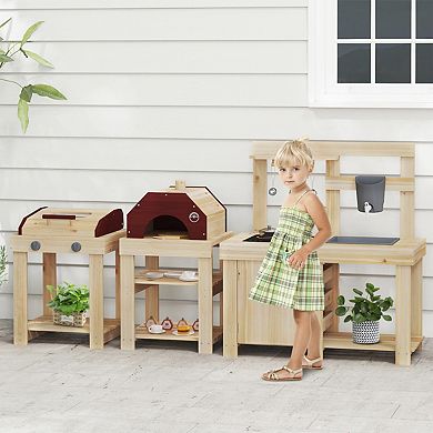 3 Piece Outdoor Mud Kitchen Set with BBQ Grill and Pizza Oven Natural