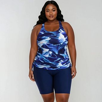 Women's Plus Size Maya Tankini Swim Top With Built-in Bra and High Waisted Long Bike Swim Shorts