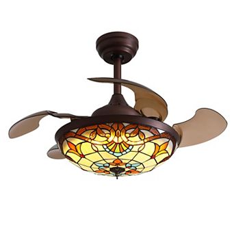 Moooni 36-Inch Tiffany Stained Glass Ceiling Fan with Light - Retractable, Remote Control