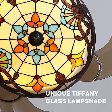 Moooni 36-Inch Tiffany Stained Glass Ceiling Fan with Light - Retractable, Remote Control