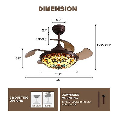 Moooni 36-Inch Tiffany Stained Glass Ceiling Fan with Light - Retractable, Remote Control