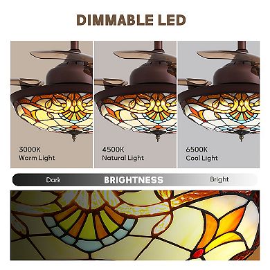 Moooni 36-Inch Tiffany Stained Glass Ceiling Fan with Light - Retractable, Remote Control
