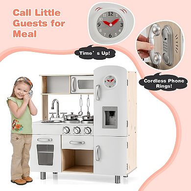 Wooden Play Kitchen Set For Kids With Water Dispenser And Storage