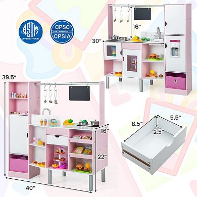 2 In 1 Kids Play Kitchen Market Set With Lights Sounds And 82 Accessories