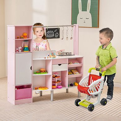 2 In 1 Kids Play Kitchen Market Set With Lights Sounds And 82 Accessories