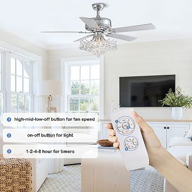 Moooni 52-Inch Crystal Chandelier Fan with Light - Silver Finish, Reversible, Remote Control