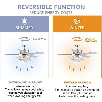 Moooni 52-Inch Crystal Chandelier Fan with Light - Silver Finish, Reversible, Remote Control