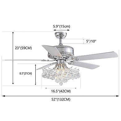 Moooni 52-Inch Crystal Chandelier Fan with Light - Silver Finish, Reversible, Remote Control