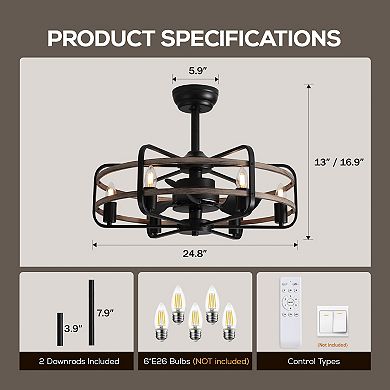 Moooni 25" Cage Chandelier Ceiling Fan with Light - E26 Compatible, Industrial Style