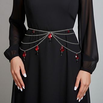 Women's Multi-Layer Chain Belt with Teardrop Crystal Charms and Draped Chains 45.5x0.4in