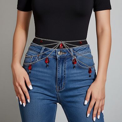 Women's Multi-Layer Chain Belt with Teardrop Crystal Charms and Draped Chains 45.5x0.4in