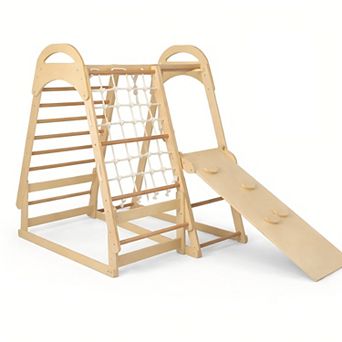 6-in-1 Wooden Kids Jungle Gym Playset with Slide Climbing Net-Natural