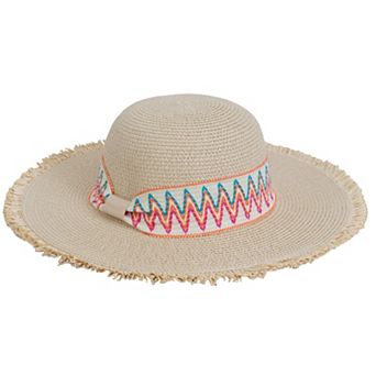 Magid Printed Ribbon & Frayed Brim Straw Floppy Hat