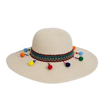 Magid Pom Pom & Tassels Straw Floppy Hat