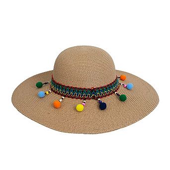 Magid Pom Pom & Tassels Straw Floppy Hat