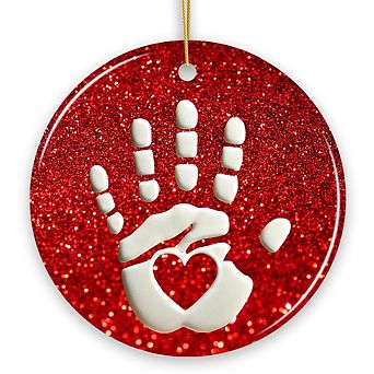 Baby Handprint in Red Glitter Themed Ornament, Christmas Nursery Keepsake and Tree Decor