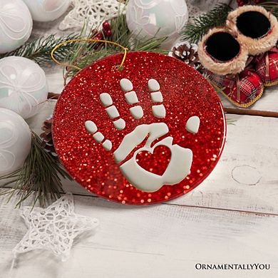 Baby Handprint in Red Glitter Themed Ornament, Christmas Nursery Keepsake and Tree Decor
