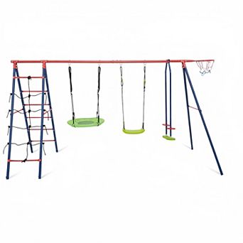 550 LBS 6-in-1 Patio Kids Swing Set with Climbing Net and Ladder-Red