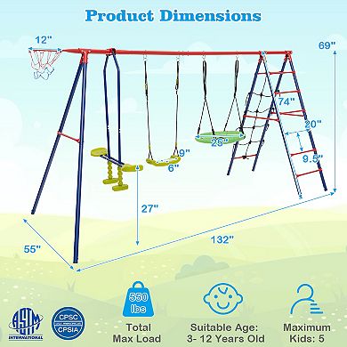 550 LBS 6-in-1 Patio Kids Swing Set with Climbing Net and Ladder-Red