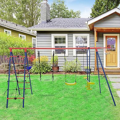 550 LBS 6-in-1 Patio Kids Swing Set with Climbing Net and Ladder-Red