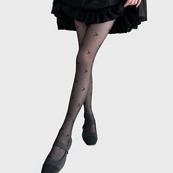 Women's 2 pc Set Sheer Cherry Pattern Tights with Soft Stretchy Knit Delicate Allover Motif