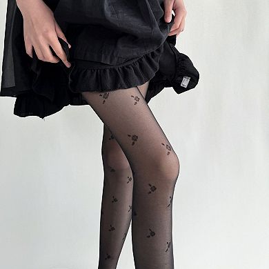 Women's 2-Piece Set Sheer Cherry Pattern Tights with Soft Stretchy Knit Delicate Allover Motif