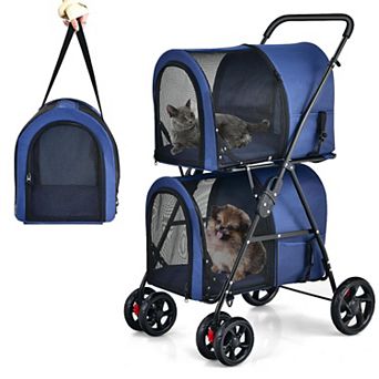 Blue 4-in-1 Double Pet Stroller with Detachable Carrier for Travel