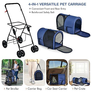 Blue 4-in-1 Double Pet Stroller with Detachable Carrier for Travel