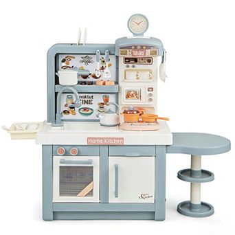Wooden Kids Play Kitchen Playset with Stainless Sink Clock and 13 Accessories