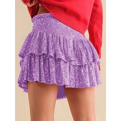 Women's Skirts Sequined Multi-Layered Skirt Pleated A-Line Beach Vacation Mini Skirt