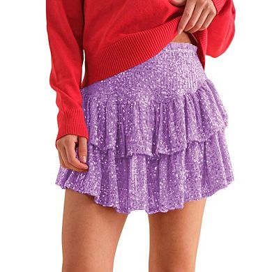 Women's Skirts Sequined Multi-Layered Skirt Pleated A-Line Beach Vacation Mini Skirt