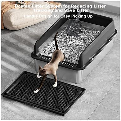 Stainless Steel Litter Box with Lid, Large Metal Cat Litter Box with Sifter Scoop